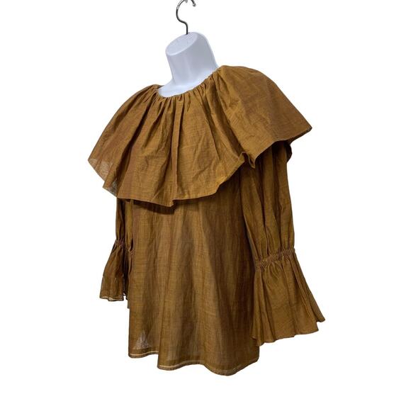 Shannon McLean Women's size S Bronze Ruffle Neck 3/4 Sleeve Designer Top - Picture 2 of 7